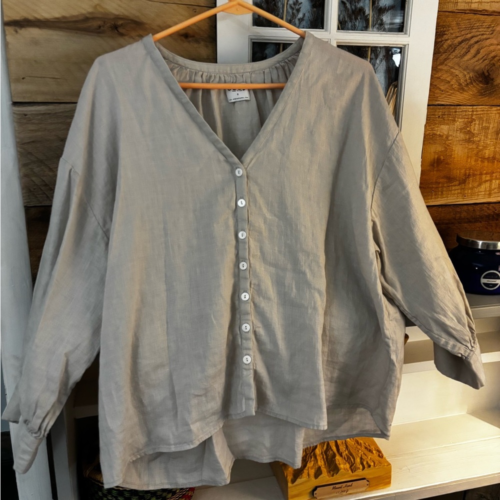 Esby Gray Oversized Button Down Shirt with Cuffed Sleeves